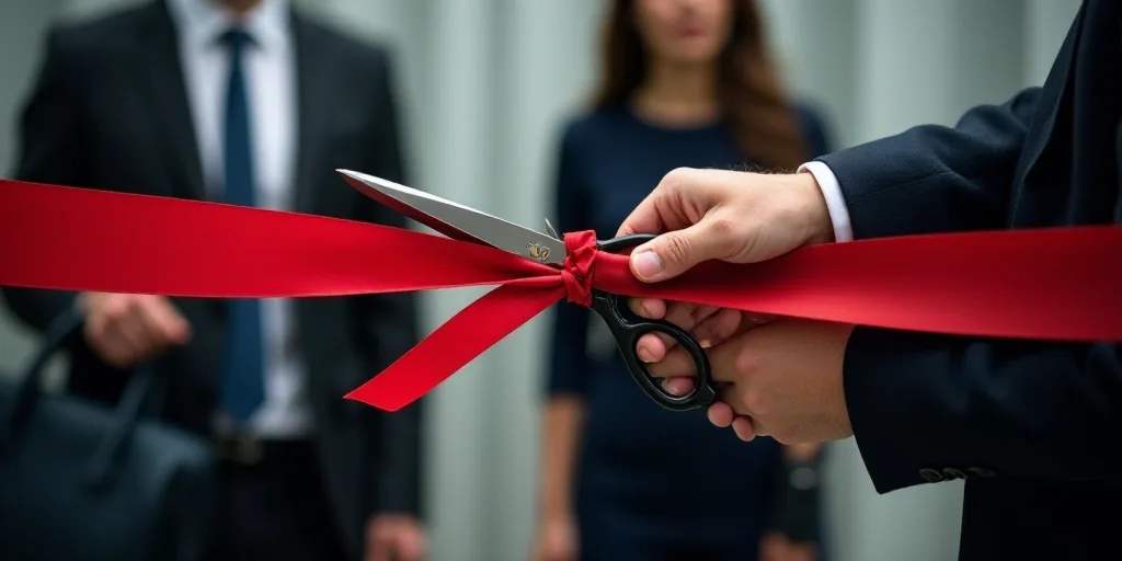 a person cutting a red ribbon with a pair of scissors in front of a man holding a briefcase and a wo