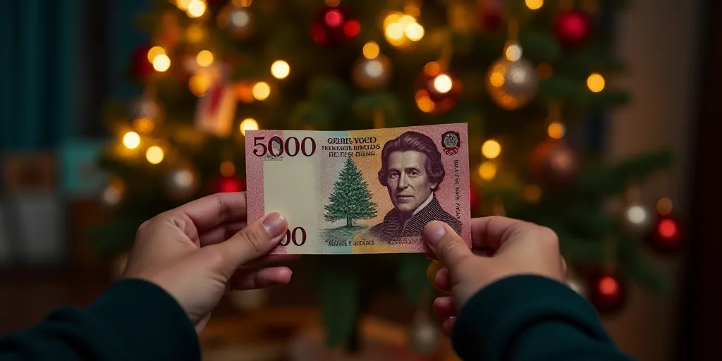 a person holding a bank note in front of christmas decorations and a tree with lights on it, in a da