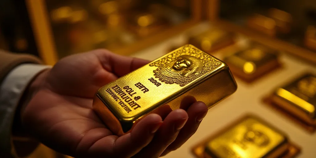 a person holding a box of gold bars in a store display case with other gold bars in the background,