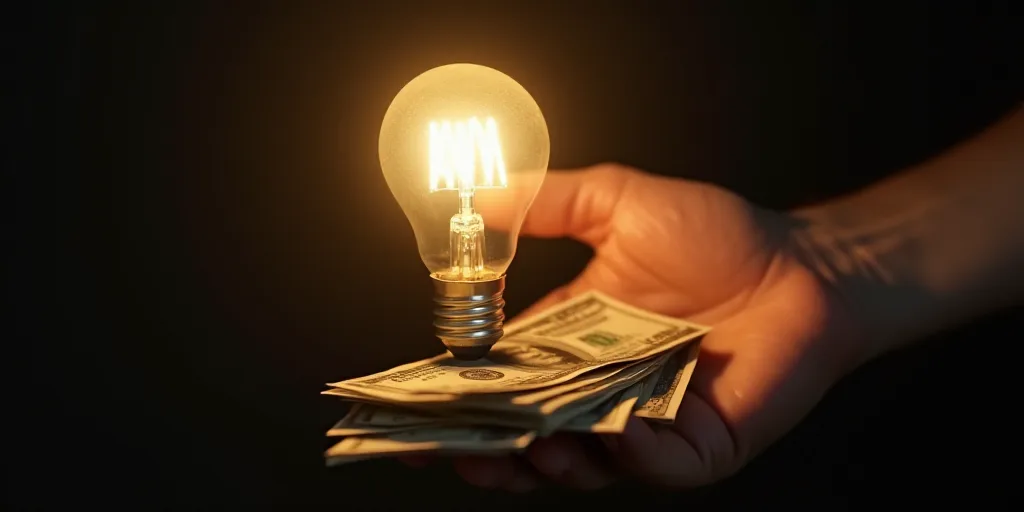 a person holding a bunch of money in their hand with a light bulb in the background with a lit up li