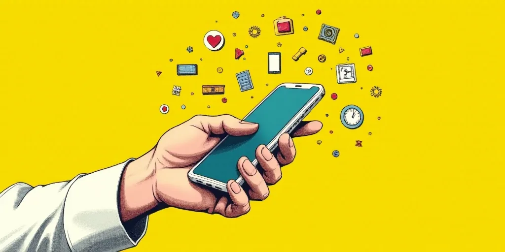 a person holding a cell phone in their hand with a lot of symbols around them on a yellow background