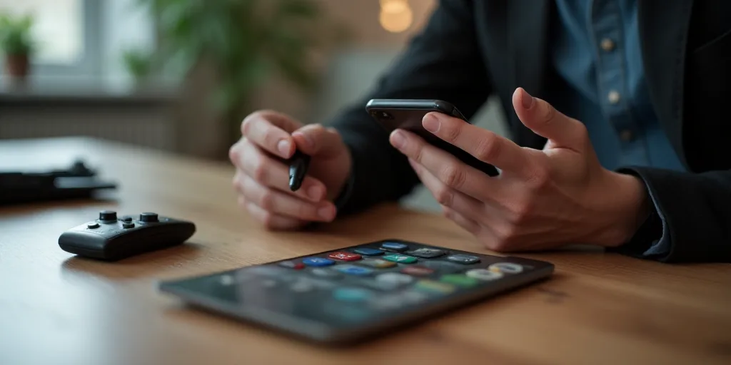 a person holding a cell phone near a remote control on a table with a remote control on it's side, A