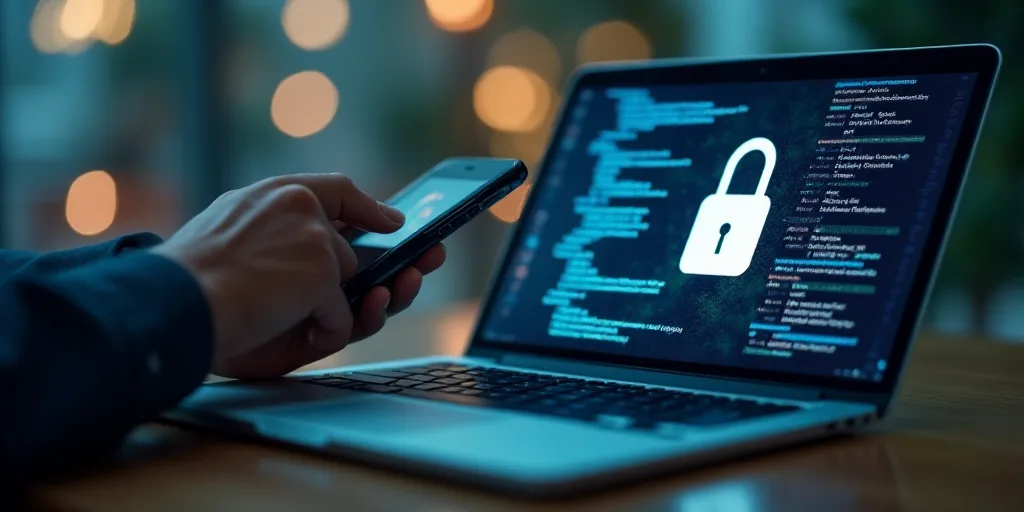a person holding a cell phone and a laptop computer with a padlock on it and a padlock on the screen