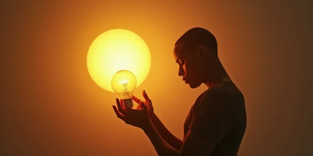 a person holding a light bulb in their hands and shadow on the wall behind them, with a sun in the b