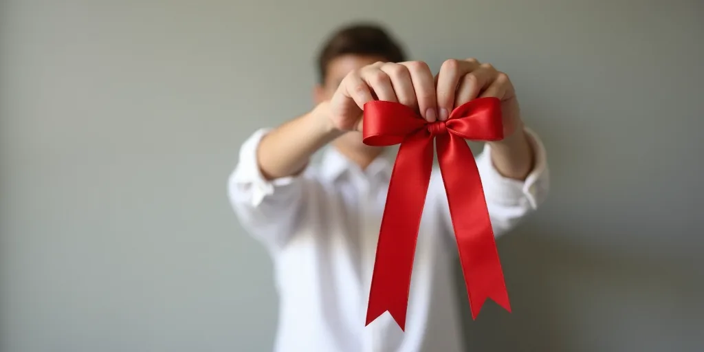 a person holding a red ribbon in their hand with a white shirt on the background and a gray wall, É