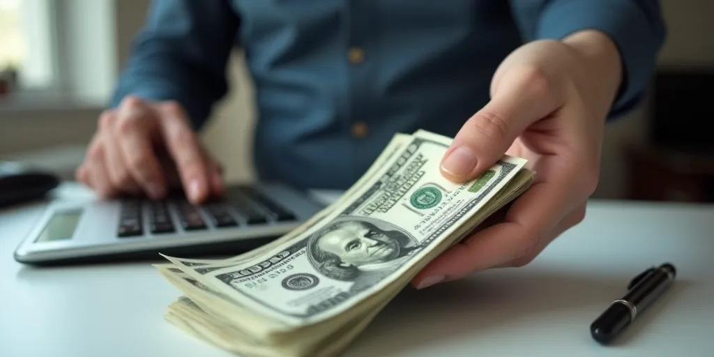 a person holding a stack of money in front of a calculator and keyboard on a desk with a calculator