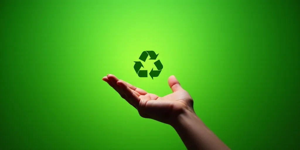 a person holding out their hand with a green background and a green recyclement symbol in the middle