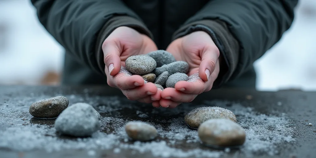 a person holding some rocks in their hands on a table with water and snow on it, and a few more rock