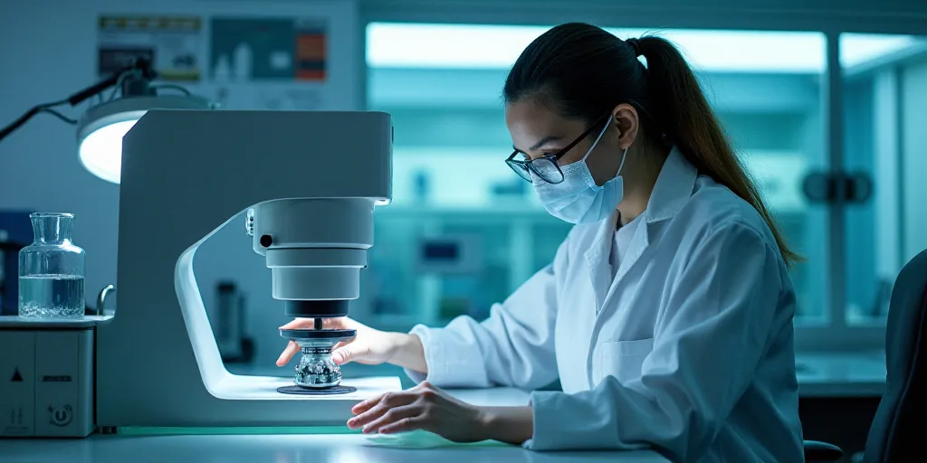 a person in a lab coat and mask working on a machine with a glass table in front of it, Dahlov Ipcar