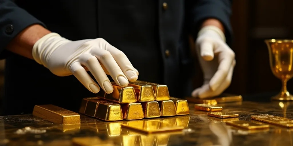 a person in white gloves is touching a pile of gold bars on a table with other gold bars on it, Engu