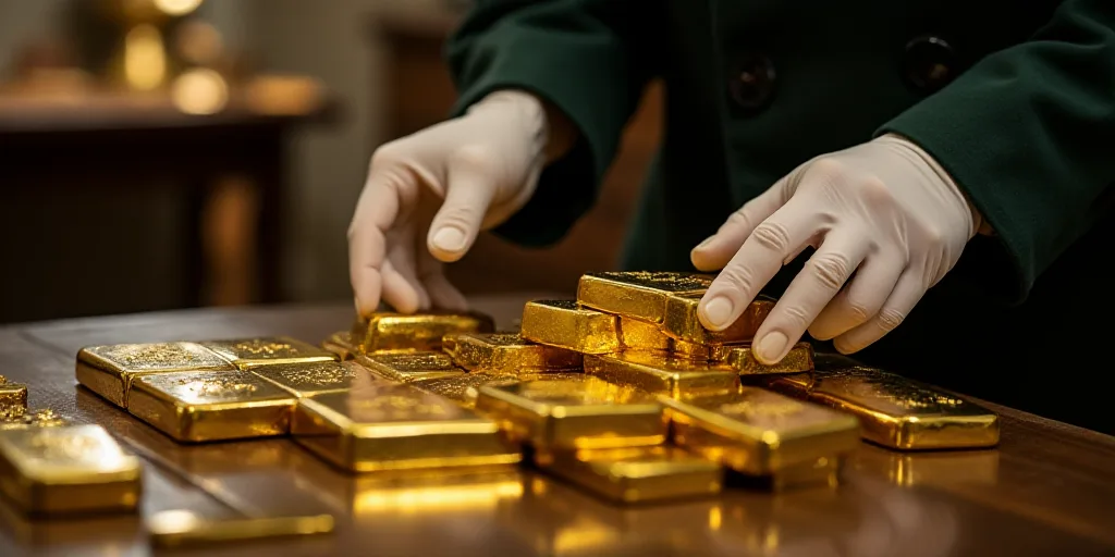 a person in white gloves is touching a pile of gold bars on a table with other gold bars on it, Engu