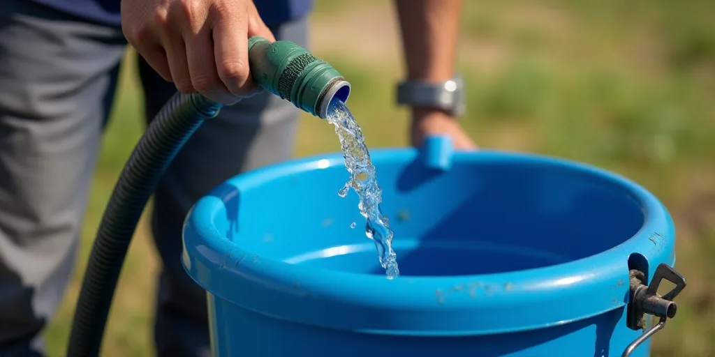 a person is pouring water into a blue bucket with a hose attached to it and a hose attached to the b