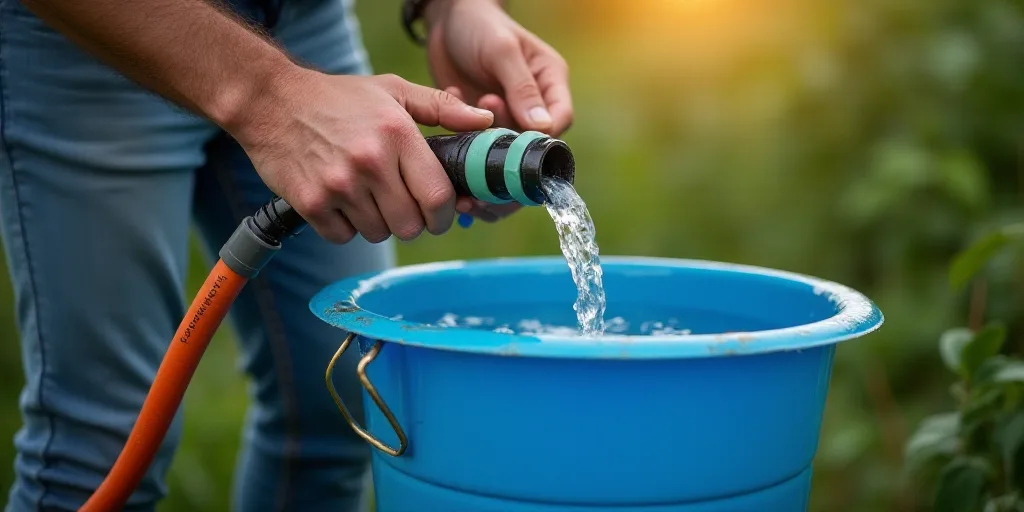 a person is pouring water into a blue bucket with a hose attached to it and a hose attached to the b