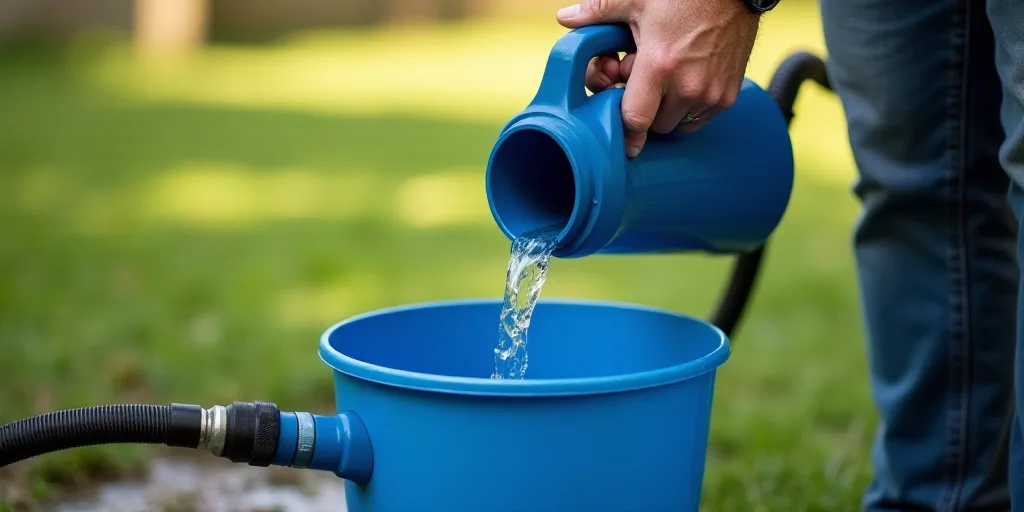 a person is pouring water into a blue bucket with a hose attached to it and a hose attached to the b