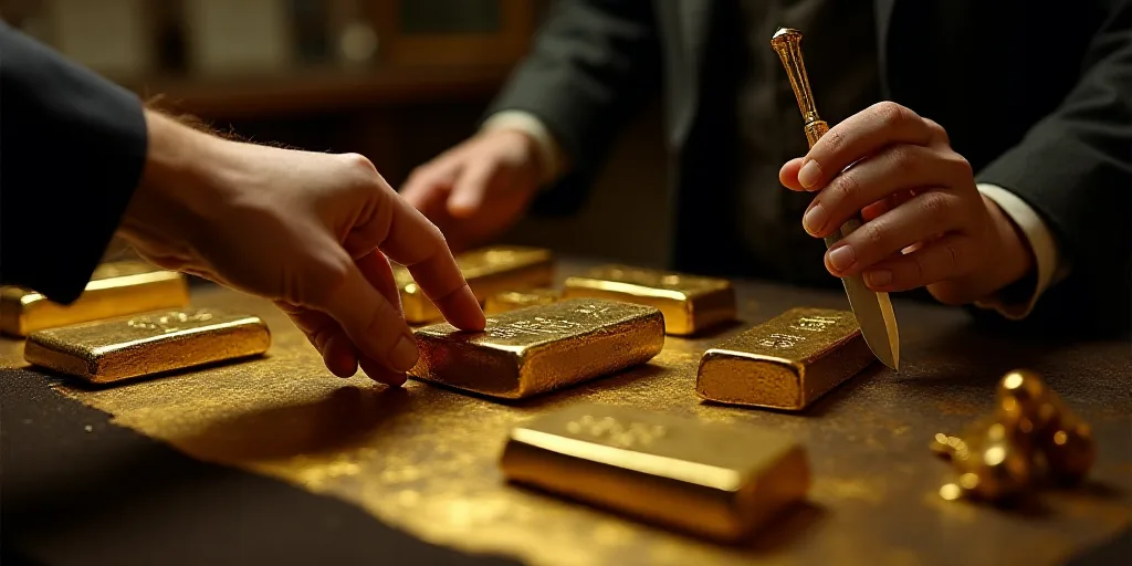 a person is touching a bunch of gold bars on a table with other gold bars on it and a person is hold