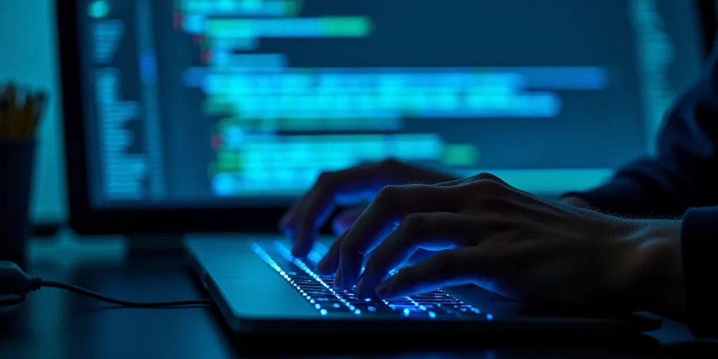 a person is typing on a keyboard with a blue light behind them and a logo behind them that says arti
