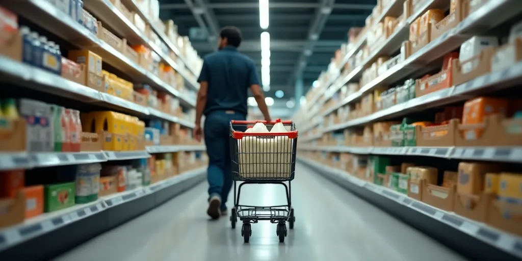 a person pushing a cart in a grocery store aisle with a cart full of milk and other products in the