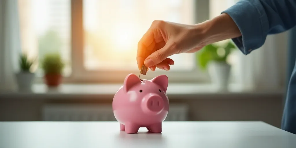 a person putting a coin into a pink piggy bank on a table with a window in the background, Carlos Sa