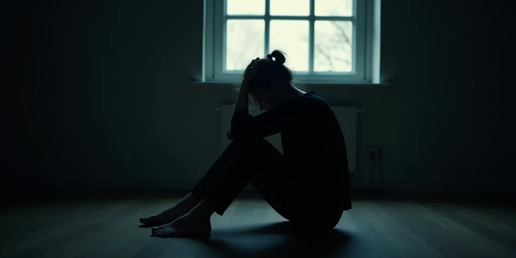 a person sitting in a dark room with their feet on the floor and their head on their hands, with a w