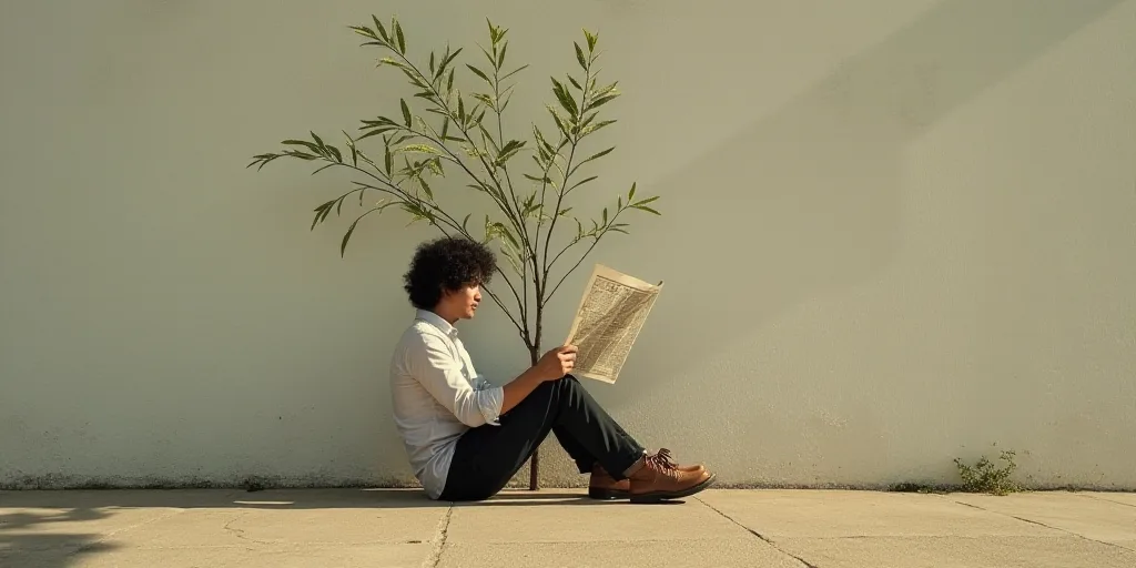 a person sitting on the ground reading a newspaper with a plant in the middle of the image and the w