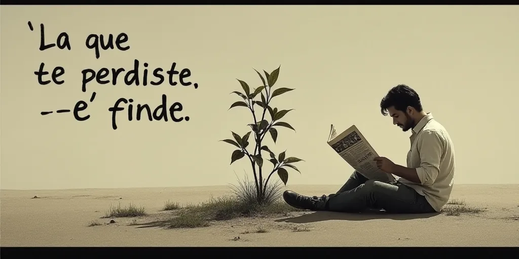 a person sitting on the ground reading a newspaper with a plant in the middle of the image and the w