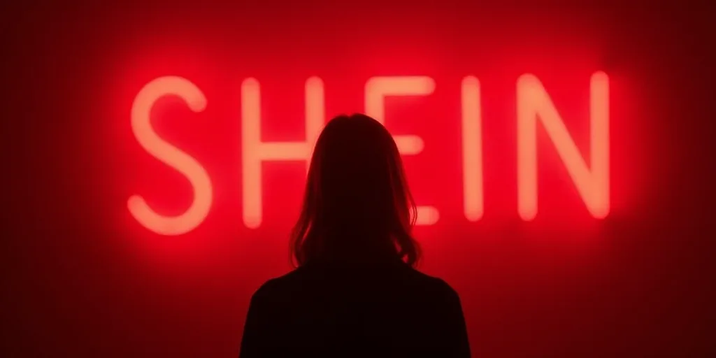 a person standing in front of a red light sign that reads shein on it and a red light behind them, C