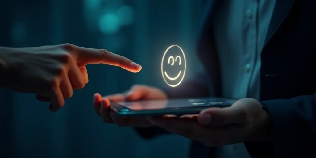 a person touching a button on a tablet with a smiley face on it and another hand touching the button