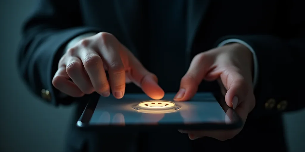 a person touching a button on a tablet with a smiley face on it and another hand touching the button