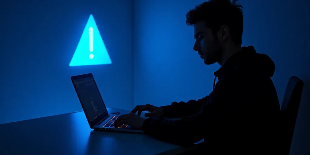 a person using a laptop computer in a dark room with a blue background and a blue warning sign behin
