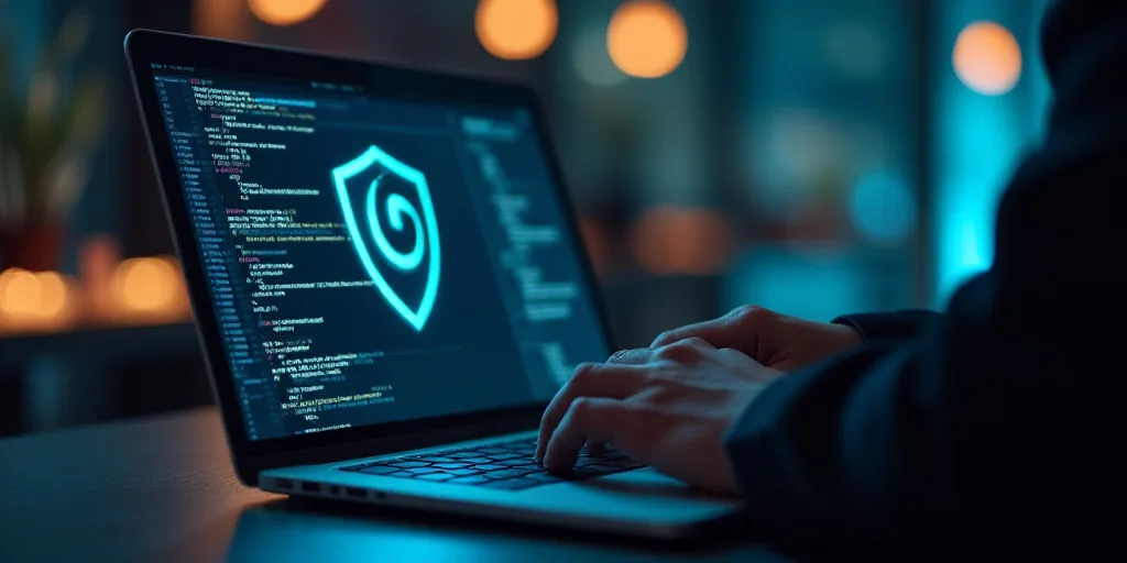 a person using a laptop with a logo on the screen and a hand touching the keyboard of the laptop, Ai