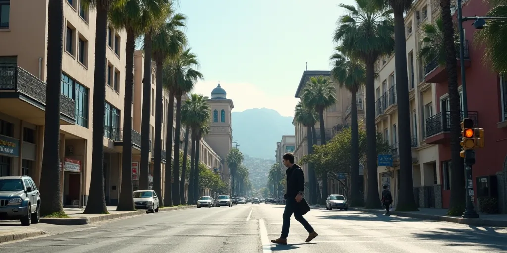 a person walking across a street in front of tall buildings and palm trees in a city with a traffic