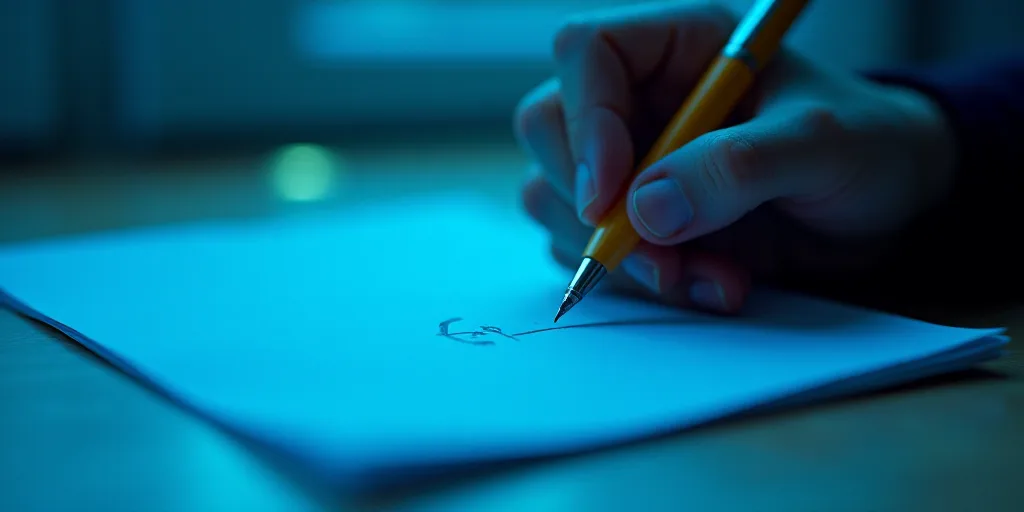 a person writing on a piece of paper with a pen in it and a blue background with a line of light, Ed