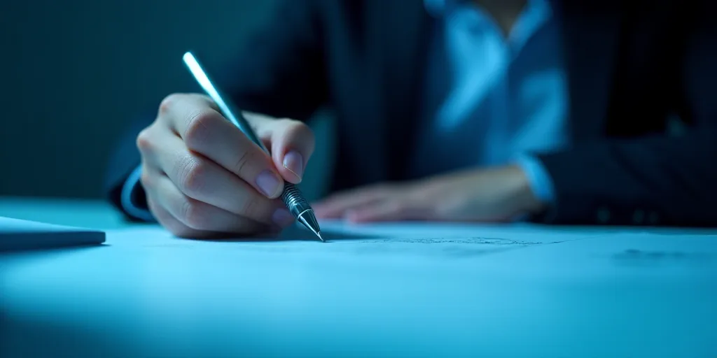 a person writing on a piece of paper with a pen in it and a blue background with a line of light, Ed