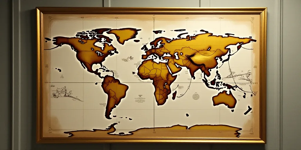 a picture of a world map on a wall with a circular design on it's side and a gold frame, David Firth