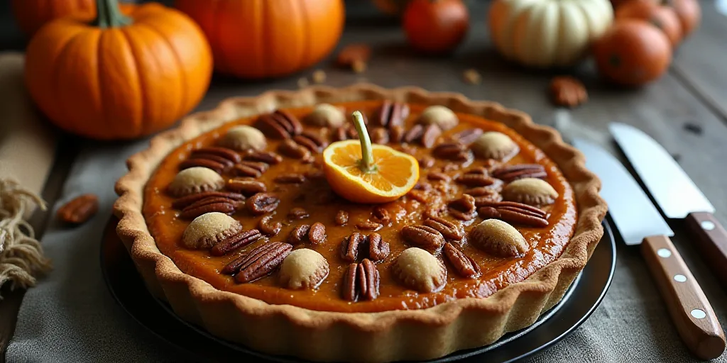 a pie with nuts and pumpkins on a table with a knife and fork next to it and a pumpkin, Anne Rigney,