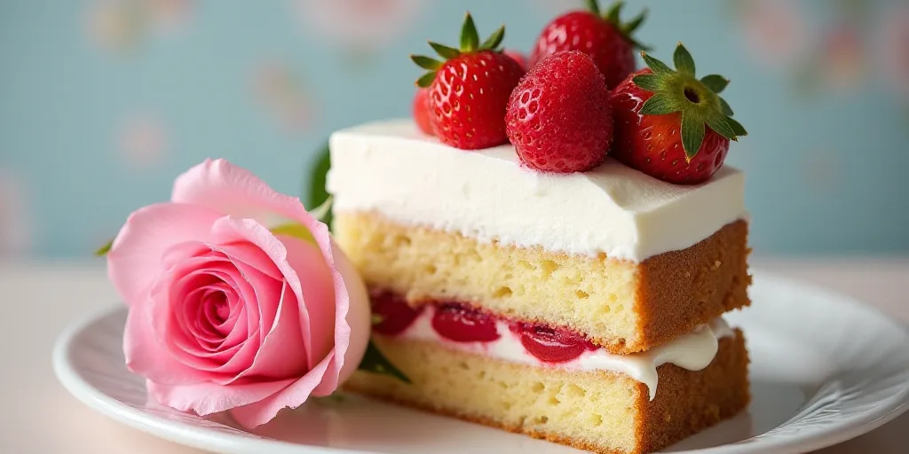 a piece of cake with whipped cream and strawberries on top of it on a plate with a pink rose, Evelyn