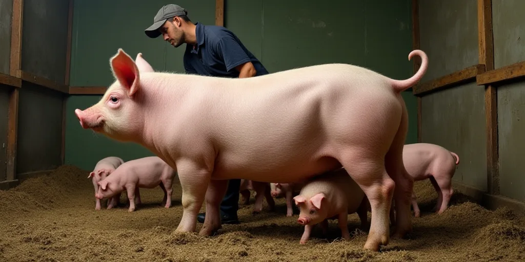 a pig in a pen with a bunch of pigs in it's back end and a person in the background, Clovis Trouille