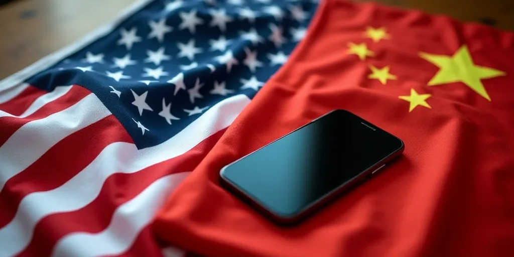 a pile of american and chinese flags on a table top with a cell phone in the middle of the photo, Cu