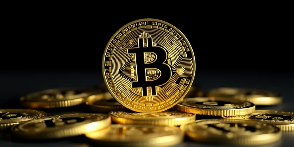 a pile of bitcoin sitting on top of a pile of other bitcoins in front of a black background, Andries