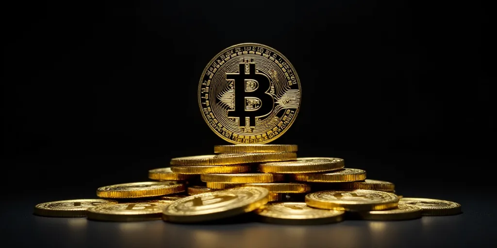 a pile of bitcoins sitting on top of each other in front of a black background with a bitcoin symbol