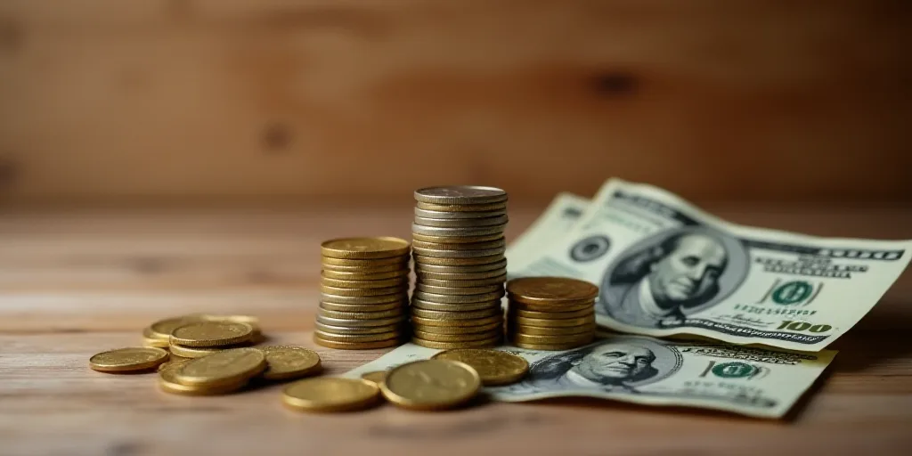 a pile of coins and a pile of money on a wooden table with a wooden background that has a wooden sur