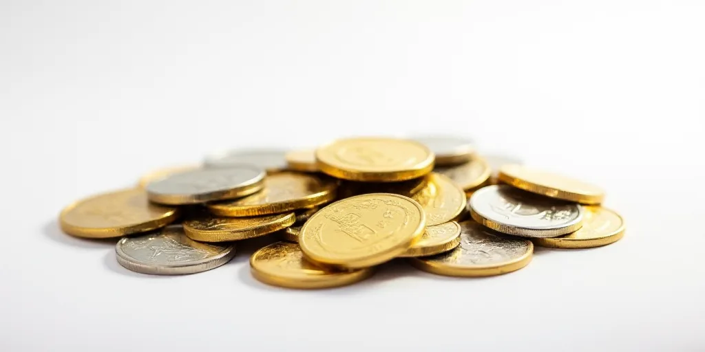 a pile of gold and silver coins on a white surface with a white background and a white background wi