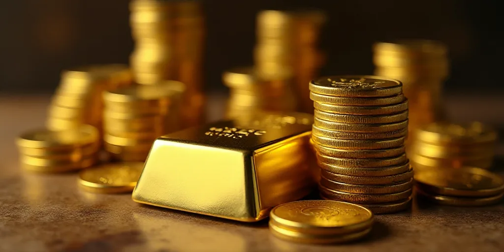 a pile of gold bars and stacks of gold coins on a table with stacks of gold coins in the background,