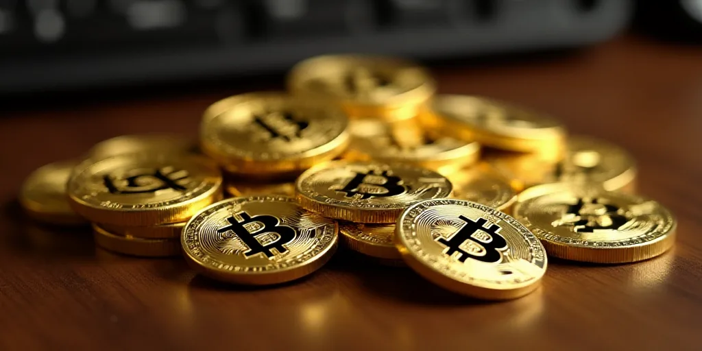 a pile of gold bitcoins sitting on top of a table next to each other on a table, Andries Stock, 16k,