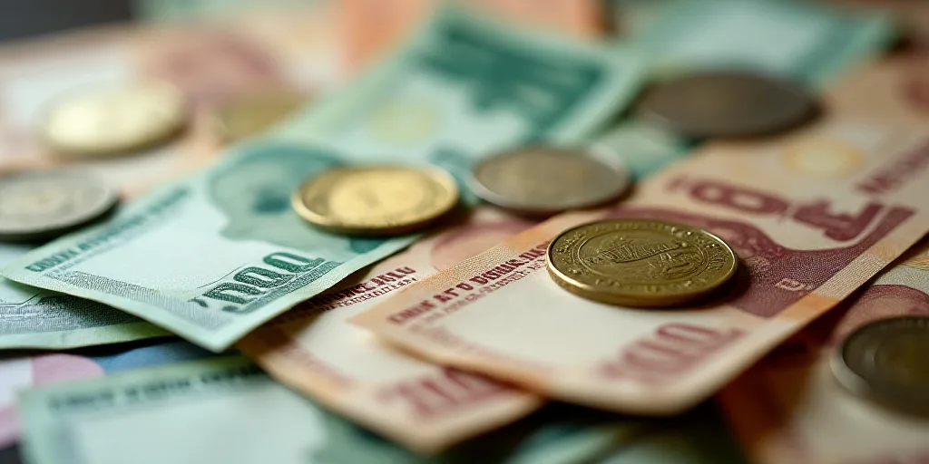 a pile of mexican currency is shown in this image, with a lot of money in the background,, Aquirax U