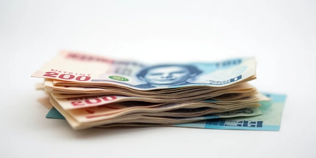 a pile of mexican currency sitting on top of each other on a table top with a white background and a