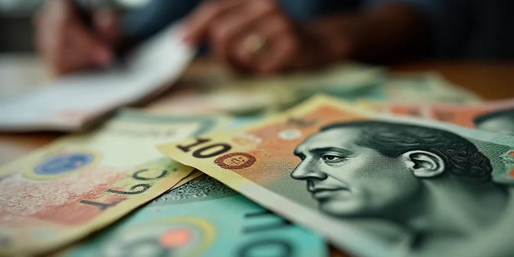 a pile of mexican currency with a lot of money in the background with a blurry image of a man's face