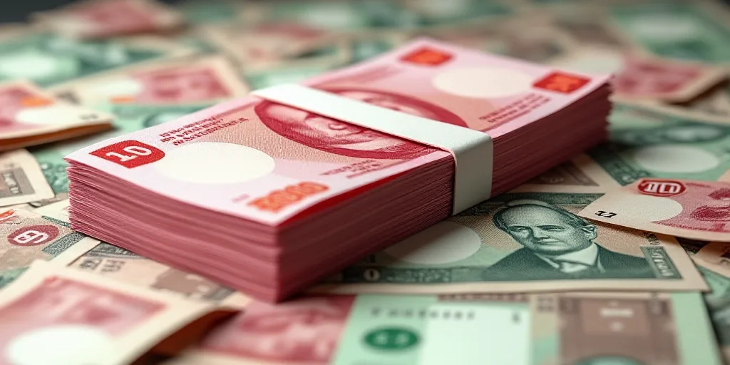 a pile of money sitting on top of a table covered in money bills and currency notes, all of which ar