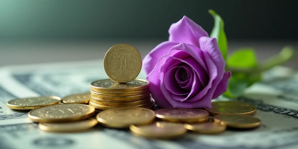 a pile of money with a coin on top of it and a purple rose on the side of the pile, Aquirax Uno, mac