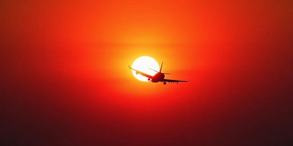a plane flying in the sky with the sun in the background and a red sky behind it with a plane in the